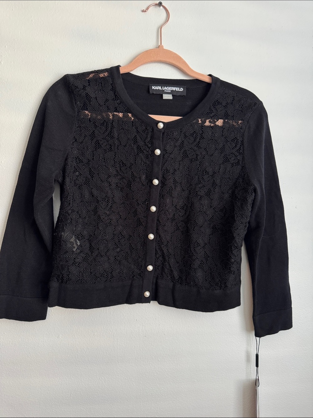 Karl Lagerfeld Black Lace Cardigan with Pearl Buttons